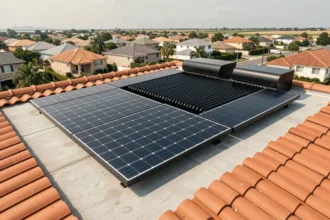 Panneau solaire hybride installé sur un toit de maison individuelle avec tuiles en terre cuite