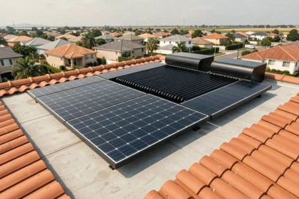 Panneau solaire hybride installé sur un toit de maison individuelle avec tuiles en terre cuite
