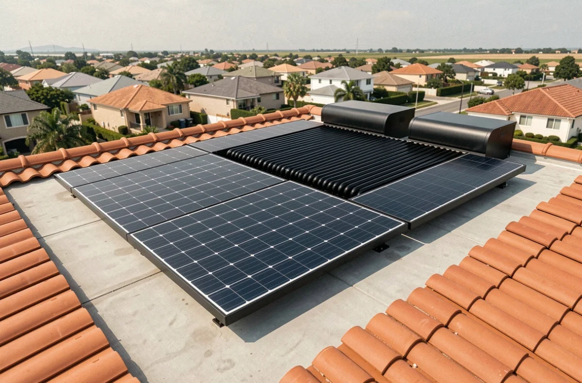 Panneau solaire hybride installé sur un toit de maison individuelle avec tuiles en terre cuite