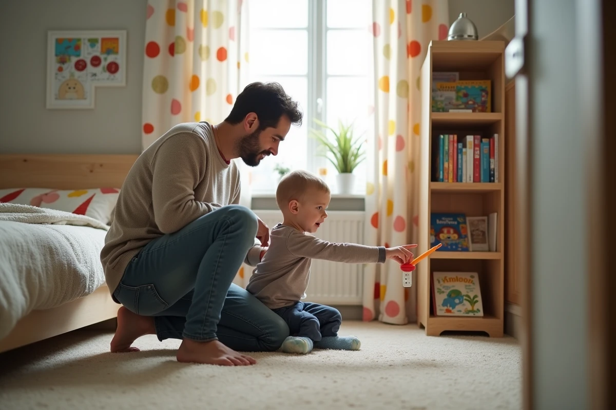 Père et fils vérifiant une prise protégée dans la chambre