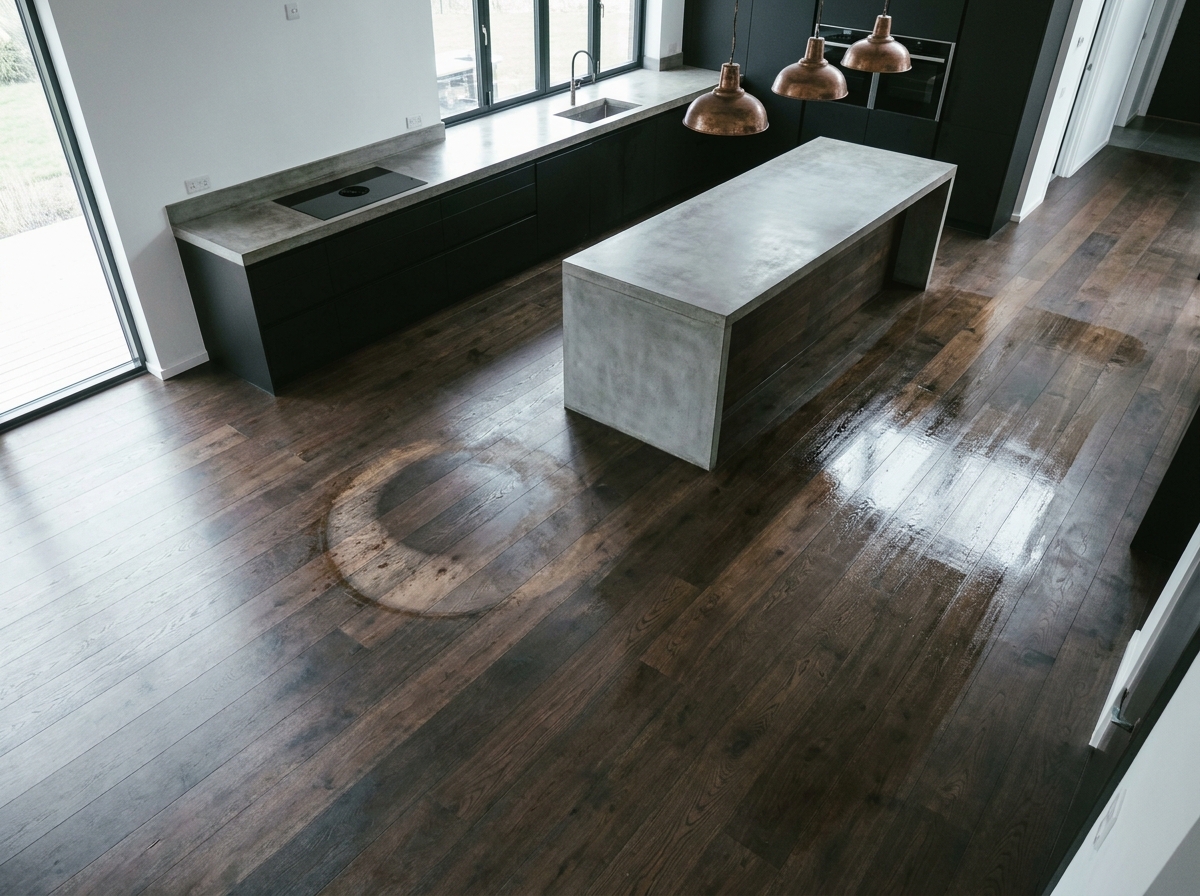 Vue grand angle d'une cuisine contemporaine avec parquet en chêne fumé montrant une tache de graisse et la protection du bois
