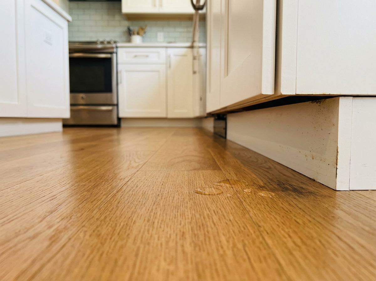 Parquet en chêne clair avec gouttelettes d'eau perlant sur le vernis protecteur dans une cuisine moderne
