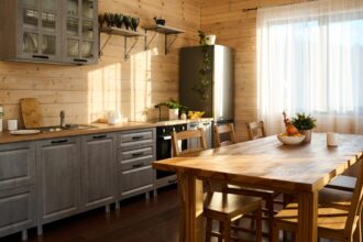 cuisine spacieuse avec murs en bois et table en matériaux durables