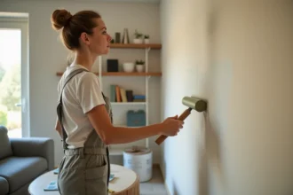 Peintre femme en action sur un mur intérieur moderne