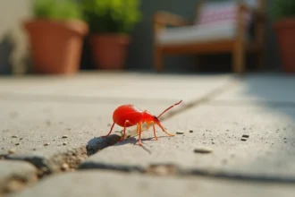 Gros plan macro d'un petit insecte rouge vif, probablement un aoûtat ou acarien rouge, rampant sur une terrasse en béton gris