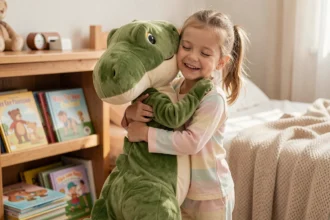 Petite fille en pyjama serrant dans ses bras une grande peluche dinosaure verte dans une chambre d'enfant cosy