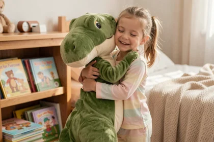 Petite fille en pyjama serrant dans ses bras une grande peluche dinosaure verte dans une chambre d'enfant cosy