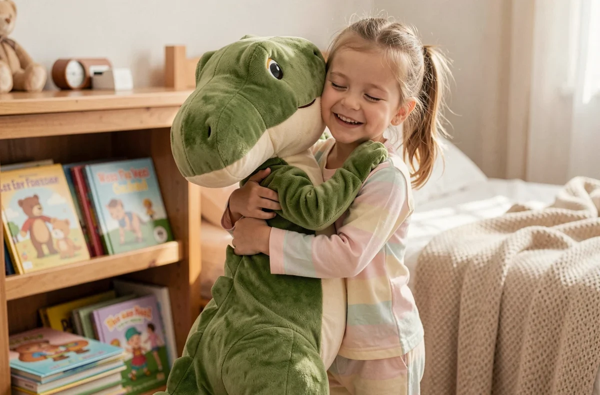 Petite fille en pyjama serrant dans ses bras une grande peluche dinosaure verte dans une chambre d'enfant cosy