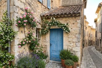 Petite maison provençale en pierre à Grasse avec porte bleue, roses grimpantes et terrasse fleurie en pots de lavande