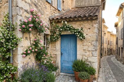 Petite maison provençale en pierre à Grasse avec porte bleue, roses grimpantes et terrasse fleurie en pots de lavande