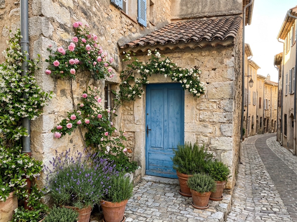 Petite maison provençale en pierre à Grasse avec porte bleue, roses grimpantes et terrasse fleurie en pots de lavande