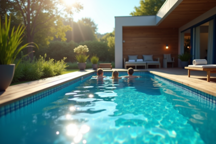 Piscine bleue étincelante dans un jardin moderne en été