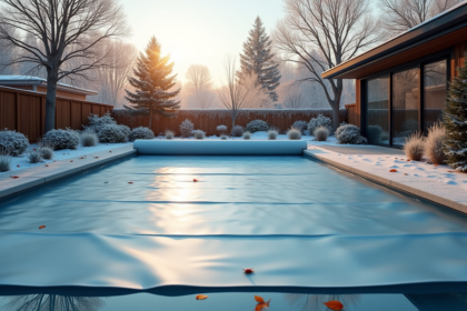 Piscine moderne en hiver avec couverture de sécurité élégante