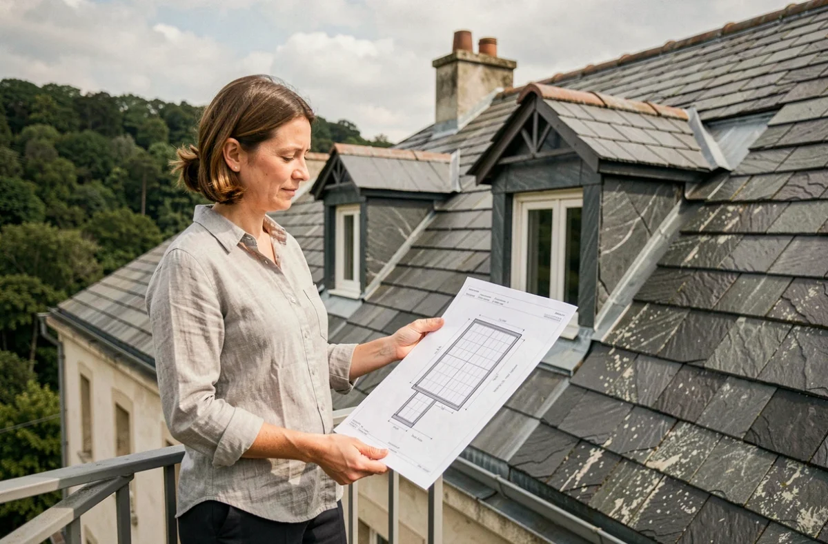 Femme consultant un plan de toiture pour choisir les dimensions de panneaux solaires