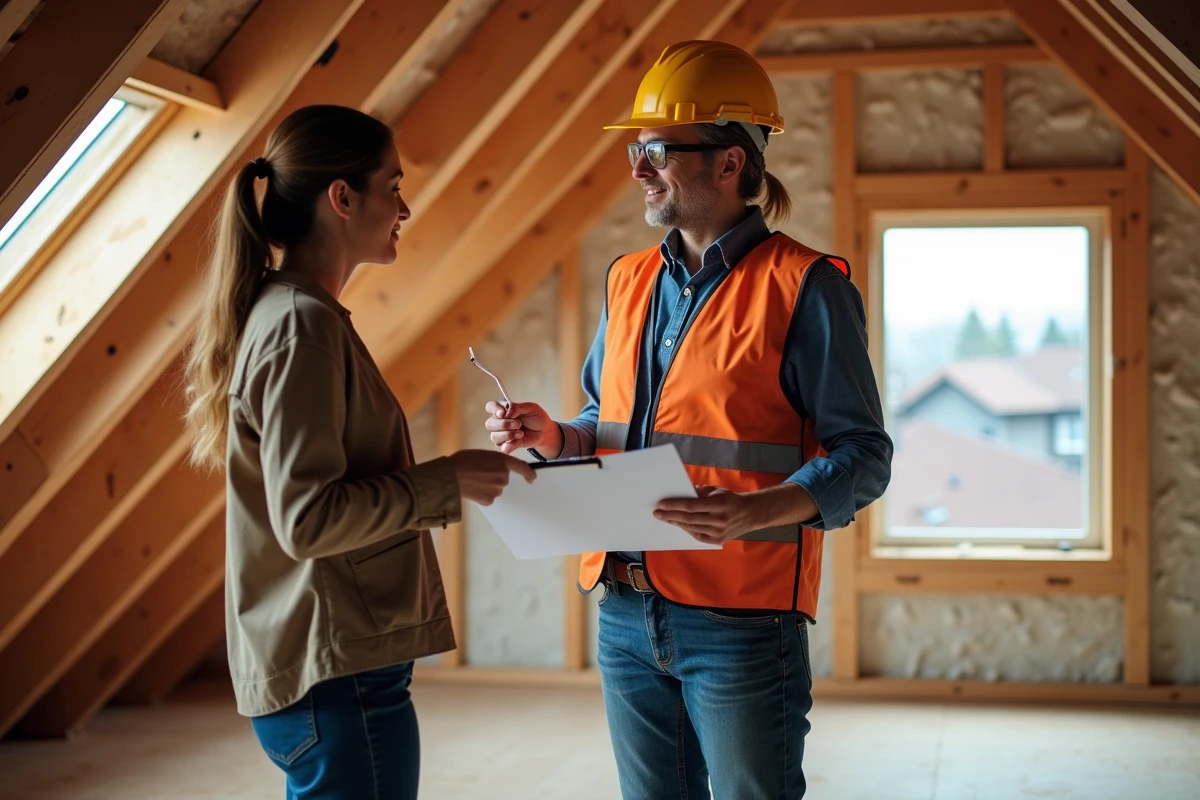 Femme professionnelle discutant plans de renovation dans un grenier