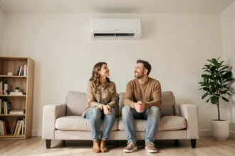 Pompe à chaleur air-air murale installée dans un salon de 30 m2 avec couple satisfait