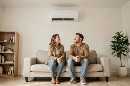 Pompe à chaleur air-air murale installée dans un salon de 30 m2 avec couple satisfait