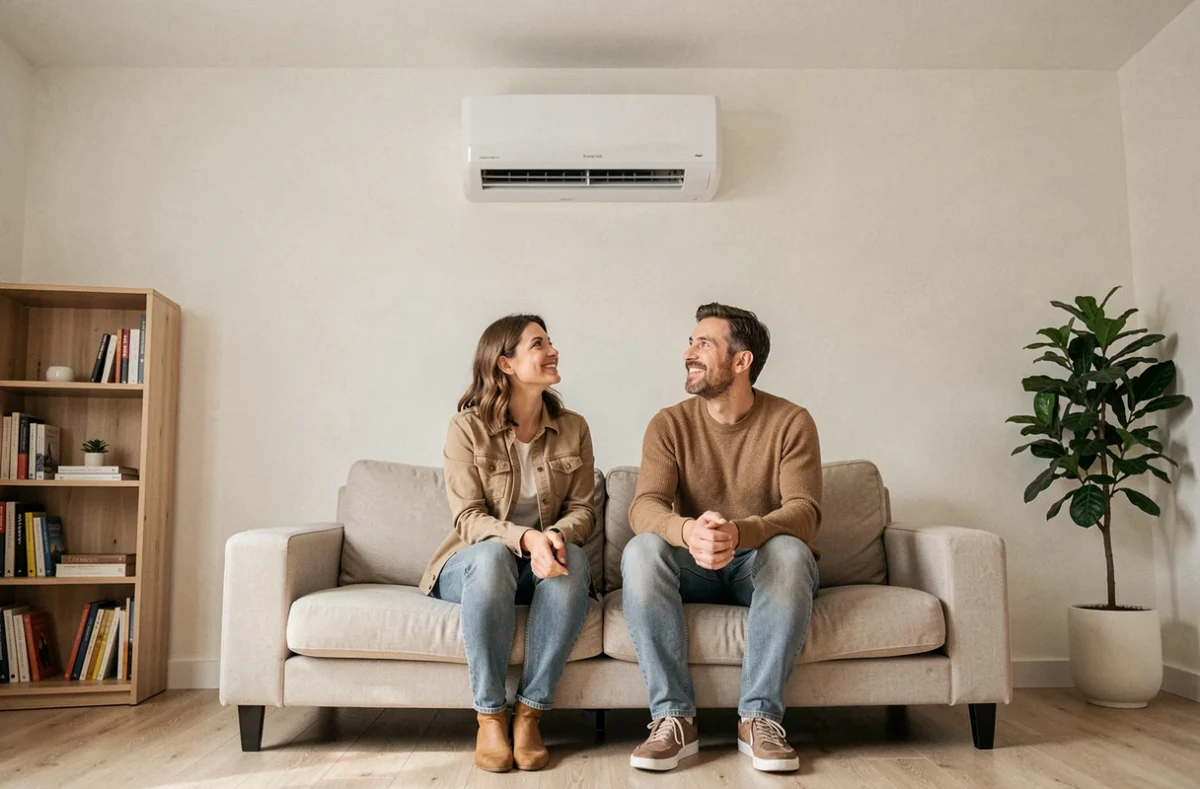 Pompe à chaleur air-air murale installée dans un salon de 30 m2 avec couple satisfait
