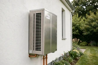 Pompe à chaleur air eau installée sur la façade extérieure d'une maison individuelle moderne avec jardin en arrière-plan