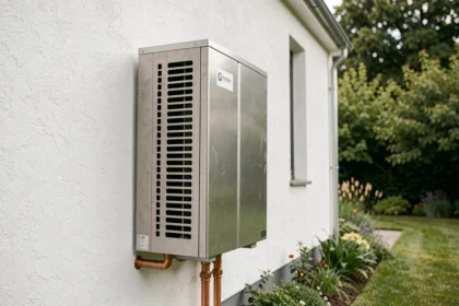 Pompe à chaleur air eau installée sur la façade extérieure d'une maison individuelle moderne avec jardin en arrière-plan