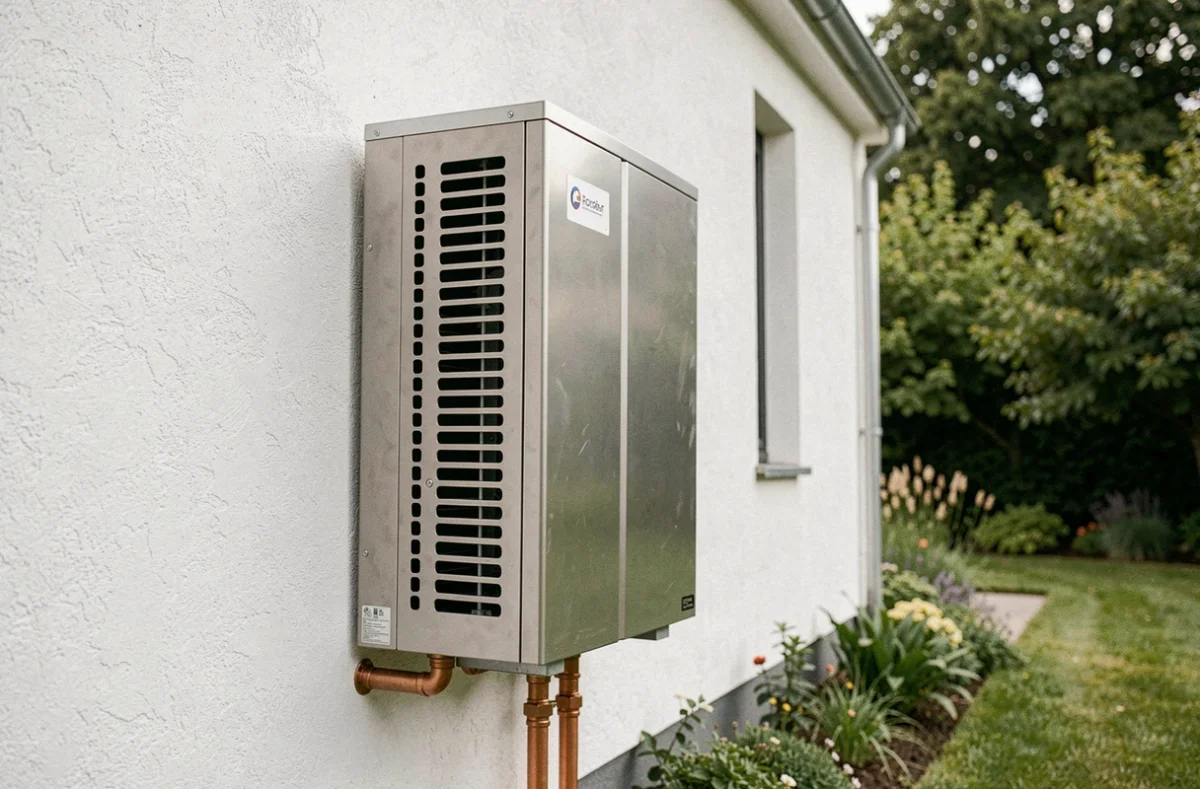 Pompe à chaleur air eau installée sur la façade extérieure d'une maison individuelle moderne avec jardin en arrière-plan