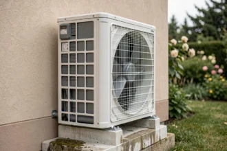 Pompe à chaleur air-air installée sur la facade extérieure d'une maison moderne avec condensation visible sur l'unité