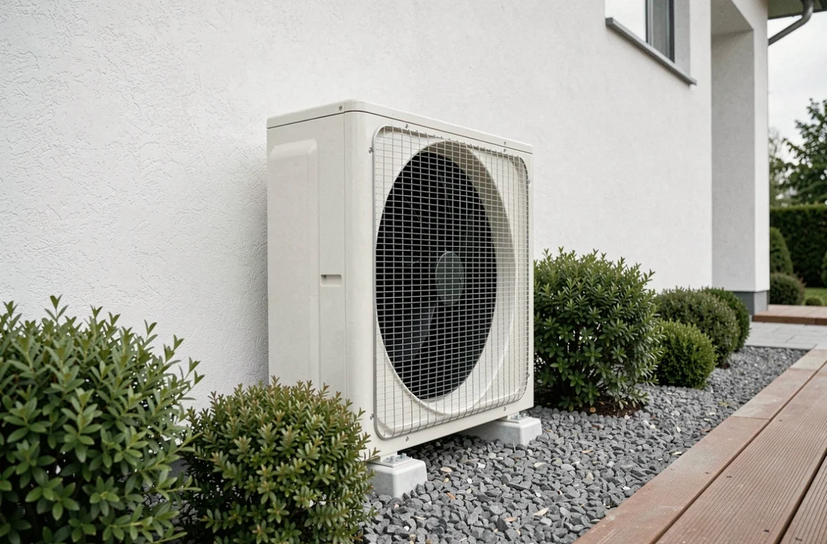Pompe à chaleur air-eau installée sur la façade d'une maison contemporaine avec jardin paysager
