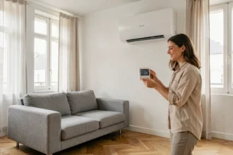 Unité intérieure de pompe à chaleur air air Samsung installée dans un salon moderne avec une femme réglant le thermostat