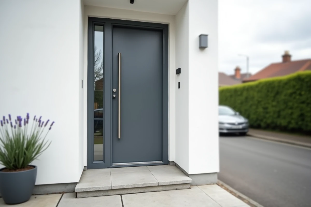 Porte d'entrée moderne en acier anthracite installée sur la façade d'une maison contemporaine