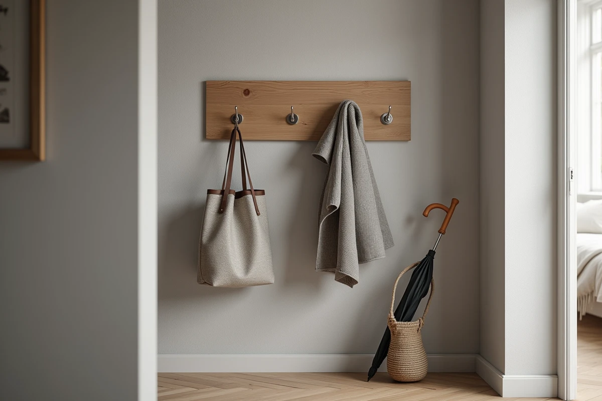 Porte-manteau mural mixte bois et métal en chêne et acier brossé dans un couloir de style scandinave