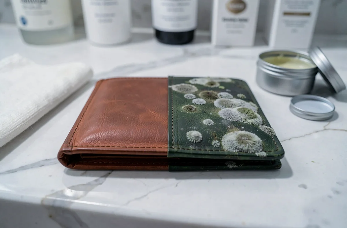 Portefeuille en cuir moisi à moitié nettoyé posé sur un marbre blanc montrant le contraste avant-après