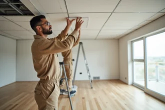 Artisan posant des dalles de faux plafond blanc dans un salon en cours de rénovation
