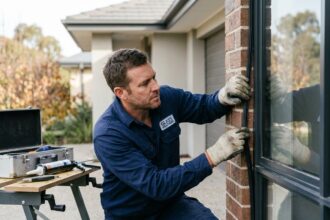Technicien installant une fenêtre double vitrage sur une façade en brique pour renforcer la sécurité du logement