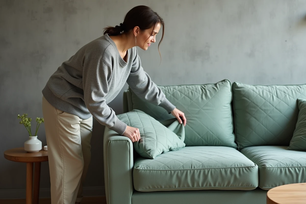 Femme installant une housse matelassée vert sauge sur un clic clac dans un salon compact