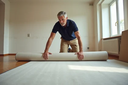 Poseur de moquette isolante thermique déroulant un revêtement épais dans un appartement vide pour améliorer le DPE