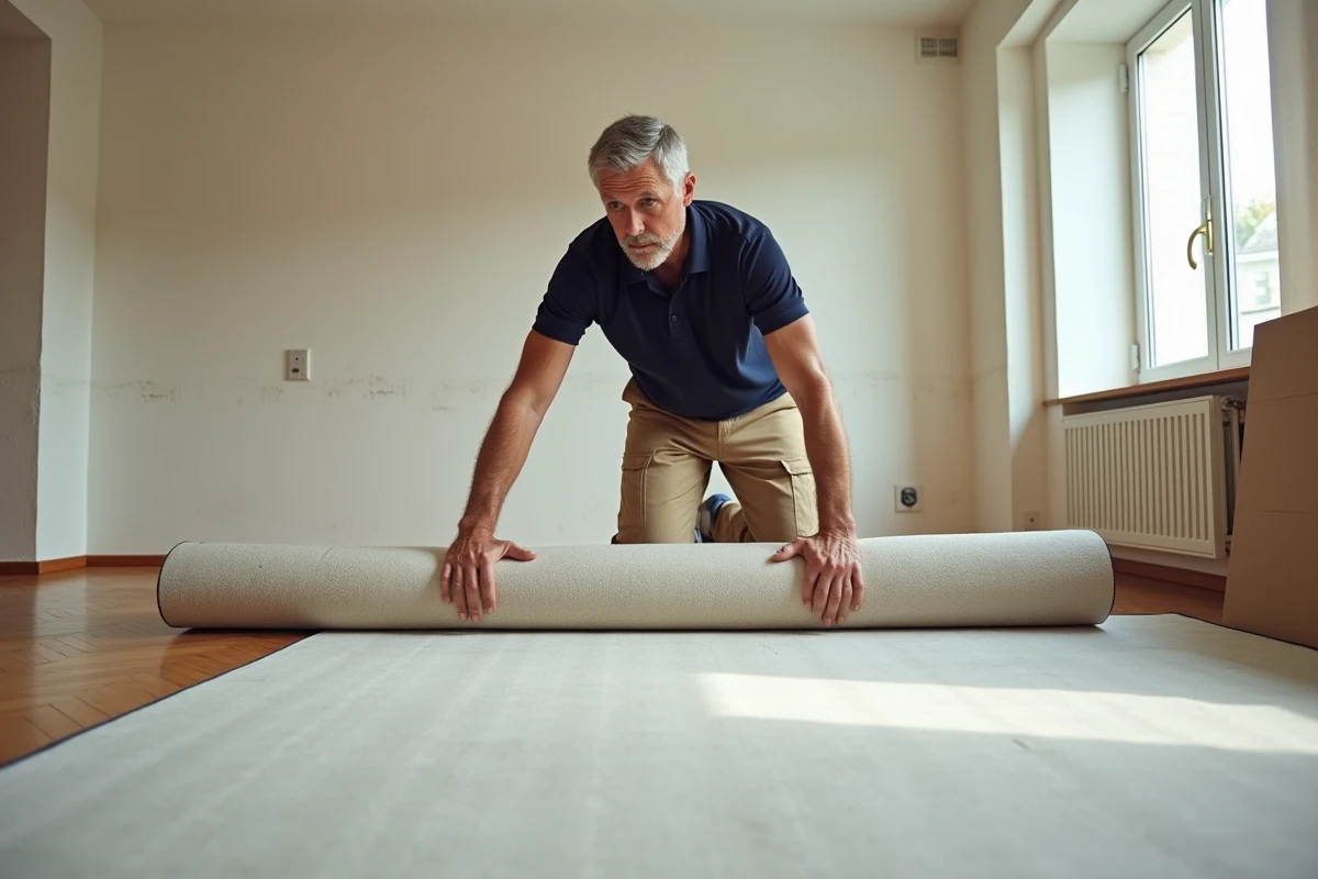 Poseur de moquette isolante thermique déroulant un revêtement épais dans un appartement vide pour améliorer le DPE