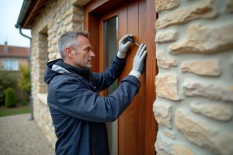 Artisan posant une porte d'entrée en bois sur la façade d'une maison individuelle française