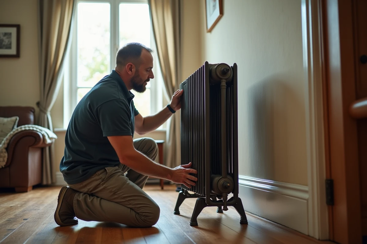 Homme posant un radiateur en fonte dans un salon lumineux