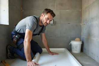 Plombier posant un receveur de douche extra plat sur une chape de béton en cours de rénovation