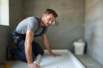 Plombier posant un receveur de douche extra plat sur une chape de béton en cours de rénovation