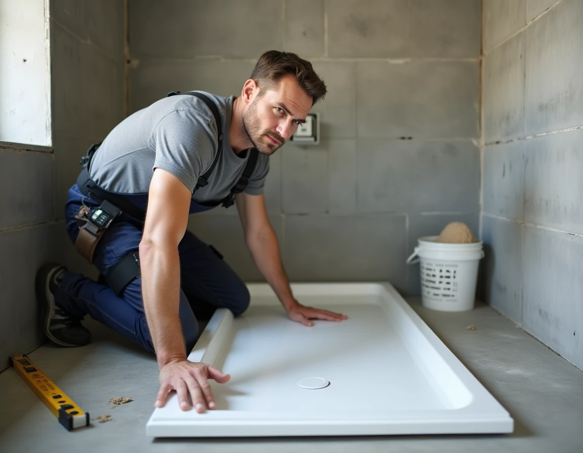 Plombier posant un receveur de douche extra plat sur une chape de béton en cours de rénovation