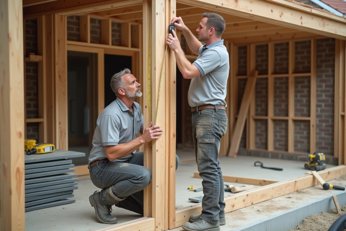 Artisan posant une véranda en bois sur chantier résidentiel avec cadre en bois brut et panneaux de verre