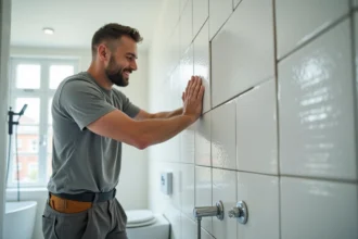 Homme posant une grande carrelage blanc dans la salle de bain
