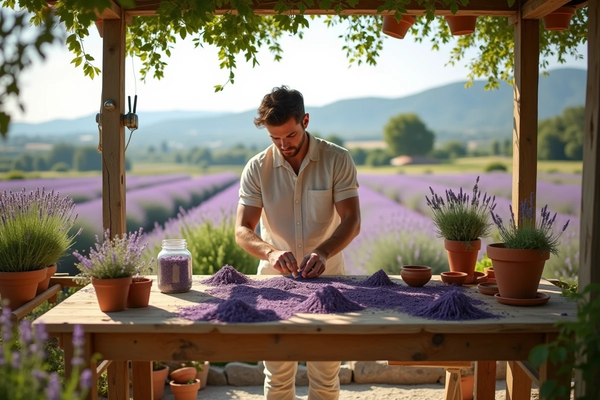 Jeune homme préparant des lavandes sur une terrasse ensoleillee
