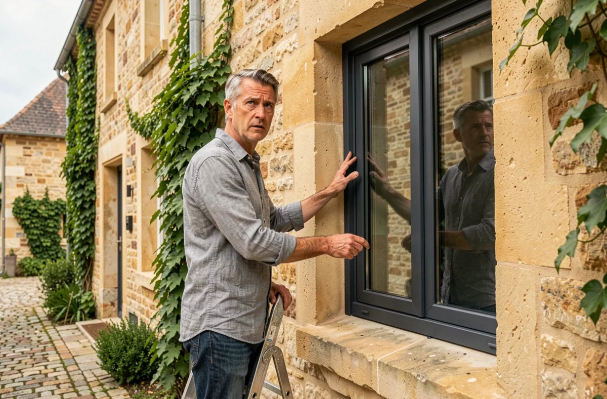 Propriétaire constatant l'incompatibilité de couleur d'une fenêtre aluminium anthracite sur une façade en pierre calcaire
