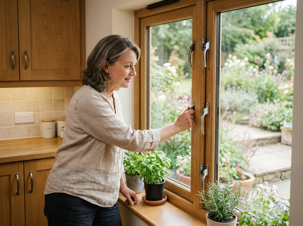 Propriétaire féminine vérifiant l'installation d'une fenêtre sécurisée à charnières renforcées dans sa cuisine rénovée