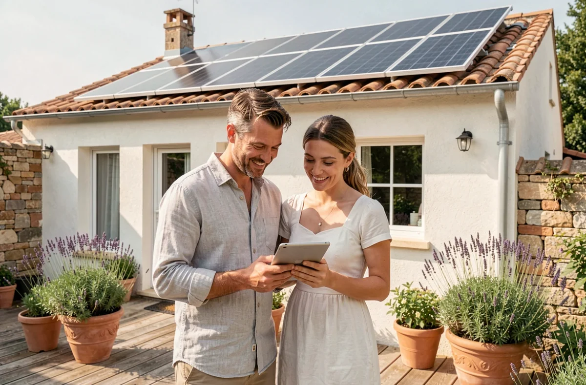 Couple de propriétaires français consultant leur application de suivi de production solaire Sunology