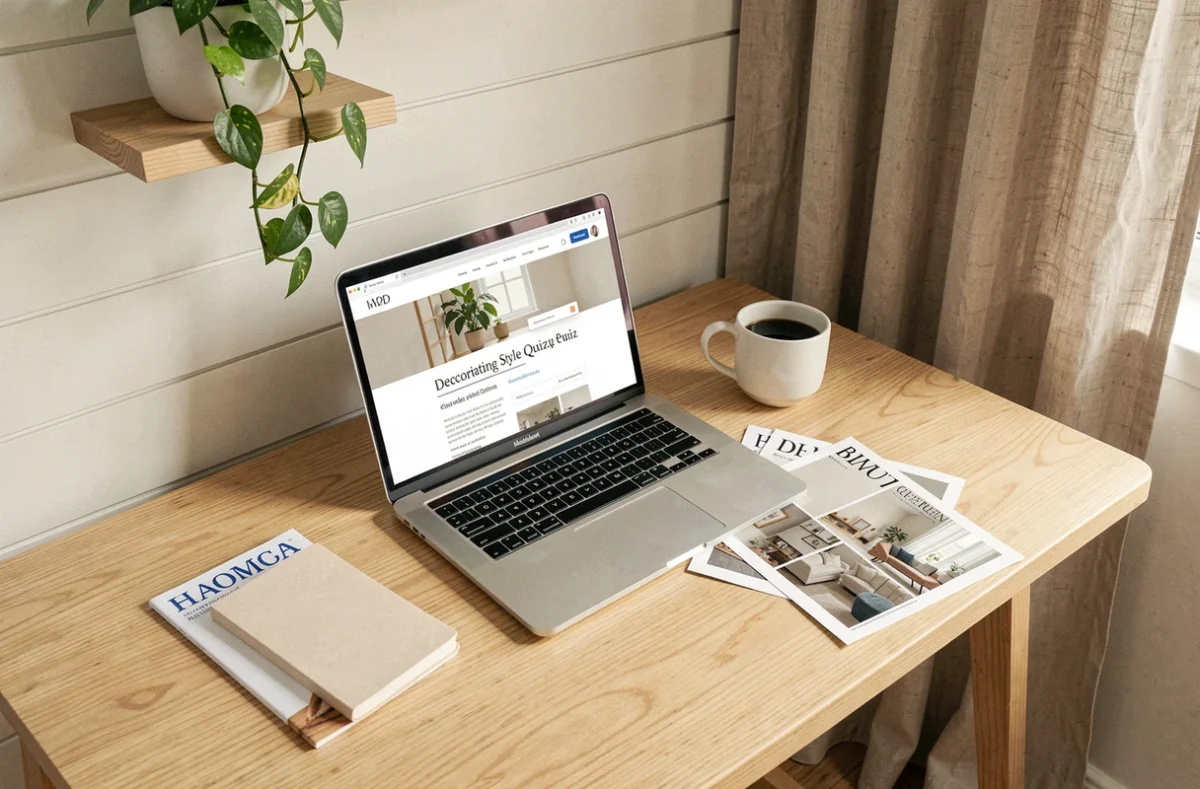 Bureau à domicile avec ordinateur affichant un quiz de style de décoration intérieure, entouré de magazines et d'une tasse de café
