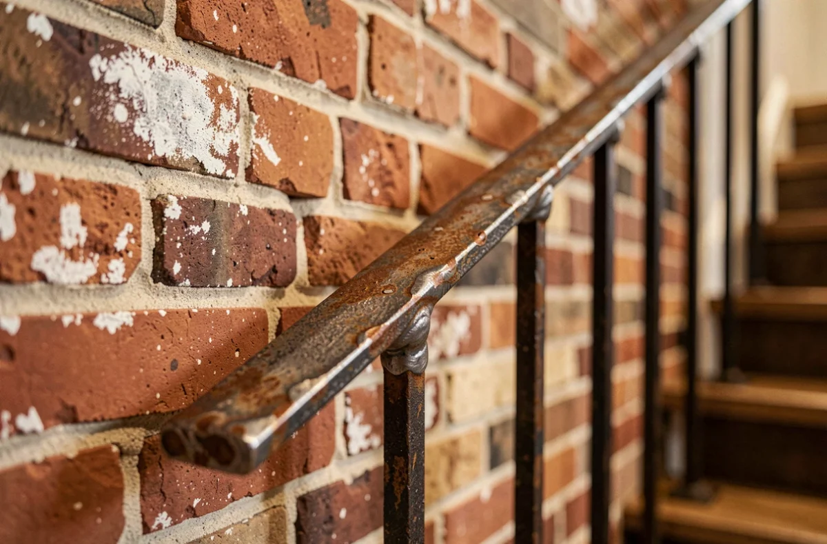 Détail de rampe d'escalier en fer forgé sur mur de briques apparentes dans un intérieur loft industriel