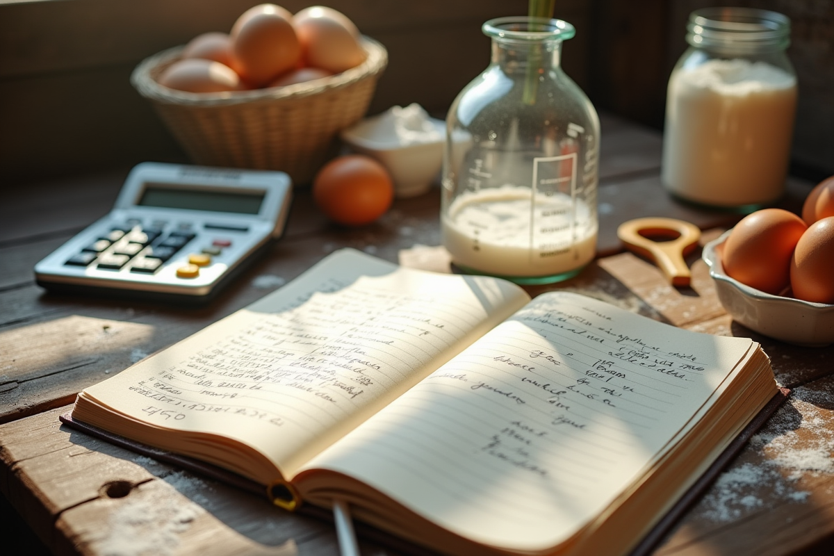 Carnet de recette ouvert avec ustensiles et ingrédients de pâtisserie
